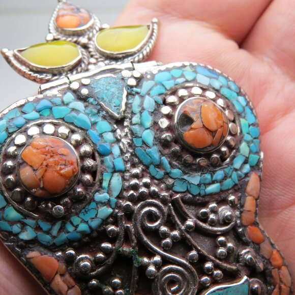 *925 Silver Antique Tibetan Coral Turquoise Pendant - Picture 7 of 8